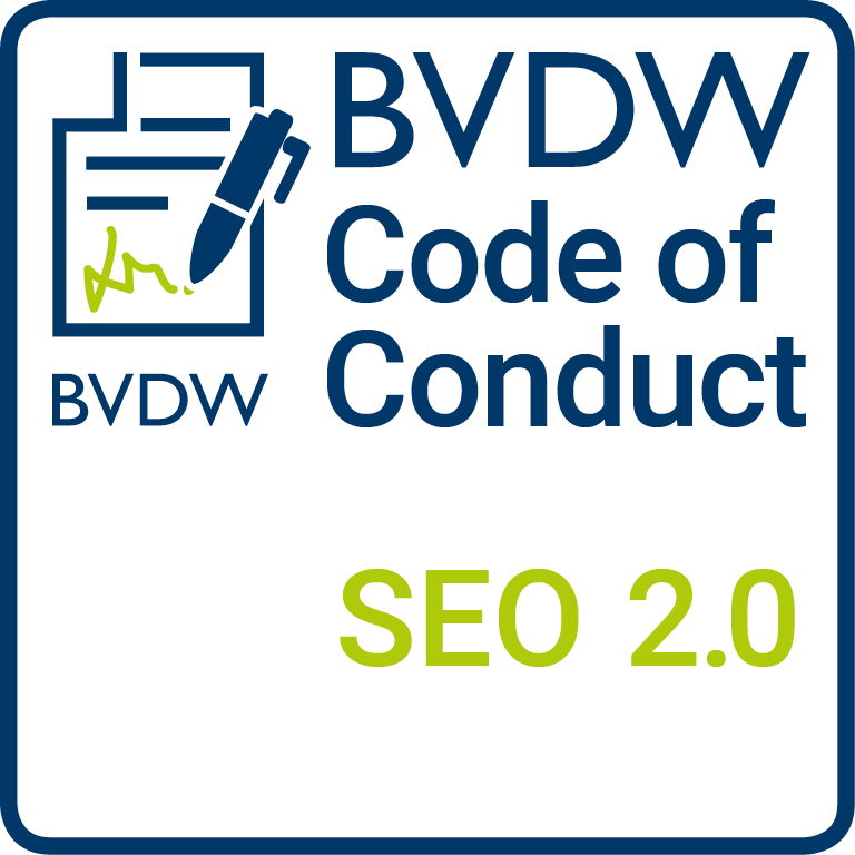 BVDW SEO Code of Conduct 2.0 Siegel mit blauem und grünem Text