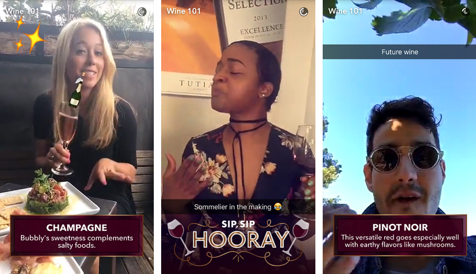 Snapchat Story mit interaktiven Wein-Tutorials und Tipps zur Kombination von Weinsorten mit Essen