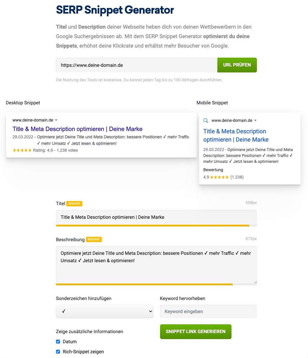 SERP Snippet Generator zur Optimierung von Titel und Meta-Description für eine bessere Positionierung in den Google Suchergebnissen