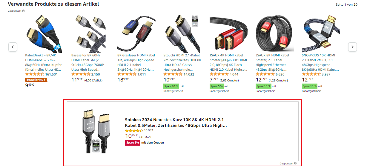 Amazon-Seite mit verschiedenen HDMI-Kabeln und einer hervorgehobenen Anzeige für ein Sniokco 2024 10K 8K 4K HDMI 2.1 Kabel.