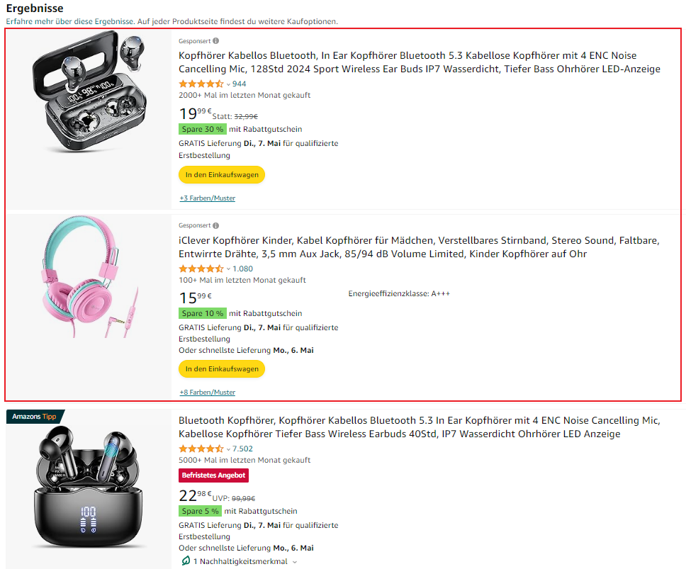 Beispiel für Sponsored Products auf Amazon