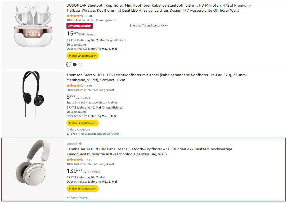 Beispiel für Sponsored Products auf Amazon