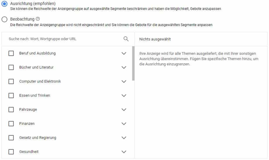 Themen für Google Anzeigen
