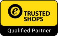 Trusted Shops Logo mit der Aufschrift "Qualified Partner" auf gelbem Hintergrund.