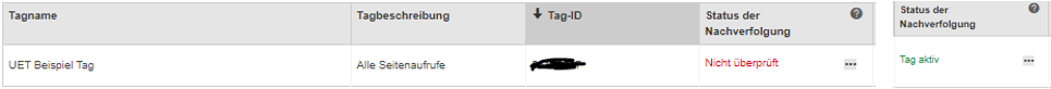 Screenshot von Bing Ads zeigt den Status der UET Tags mit Details zu Tagname, Tagbeschreibung und Überprüfungsstatus