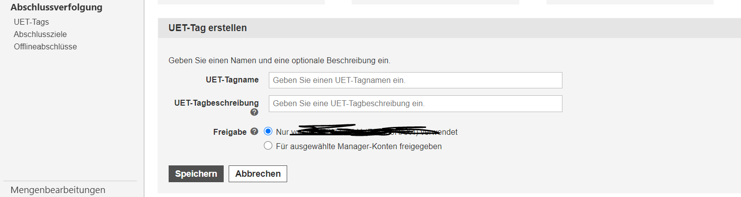 Screenshot von Bing Ads zeigt den Dialog zur Erstellung eines UET Tags mit Feldern für Tagname und Tagbeschreibung