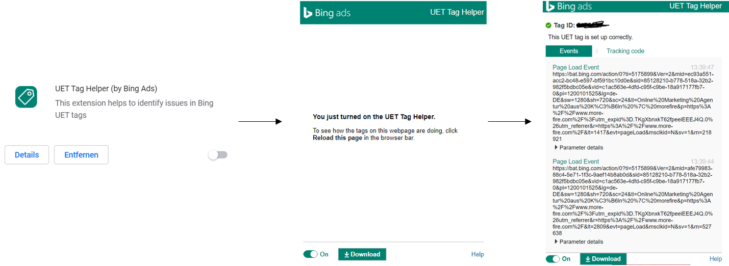 Screenshot der Bing Ads UET Tag Helper Erweiterung zur Identifizierung von Fehlern bei UET Tags, inklusive Aktivierung und Tag-Diagnose