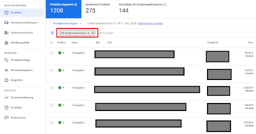 Screenshot der Produktübersicht mit Sonderangebotsfilter und Preisanzeige