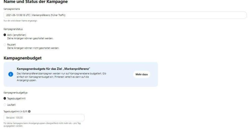 Screenshot der Pinterest Kampagneneinstellungen mit Optionen für Kampagnenbudget und Tagesbudgettyp