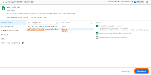 Screenshot des Google Tabellen-Datenkonnektors in Google Data Studio, zeigt die Auswahl eines Datenbereichs mit der Option zur Erstellung eines Berichts