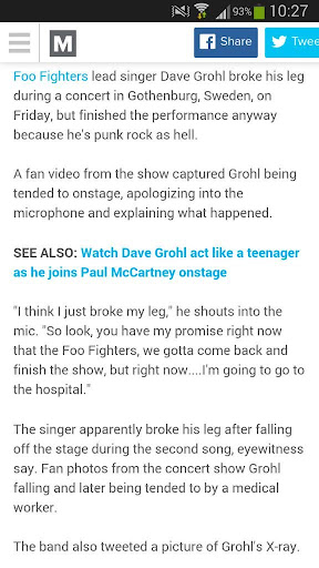 Screenshot eines Nachrichtenartikels über Foo Fighters Sänger Dave Grohl