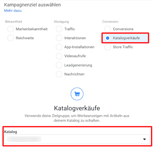 Facebook Ads Kampagnenziel: Katalogverkäufe mit ausgewähltem Produktkatalog.