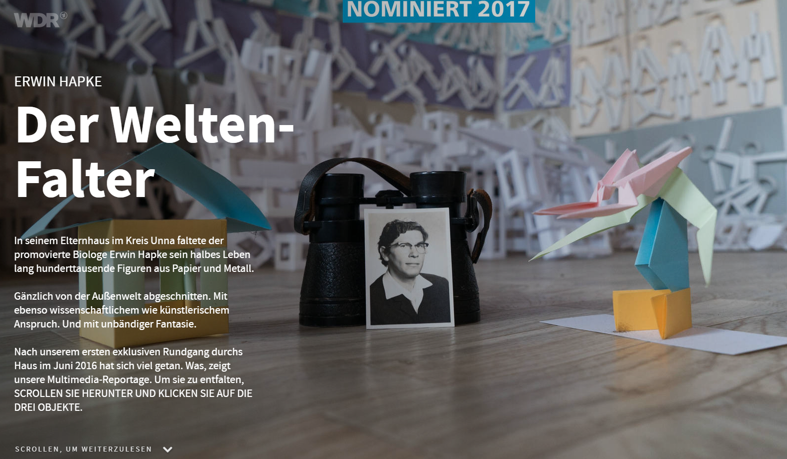 Multimedia-Reportage des WDR über Erwin Hapke, mit Origamikunst und einer Schwarz-Weiß-Fotografie