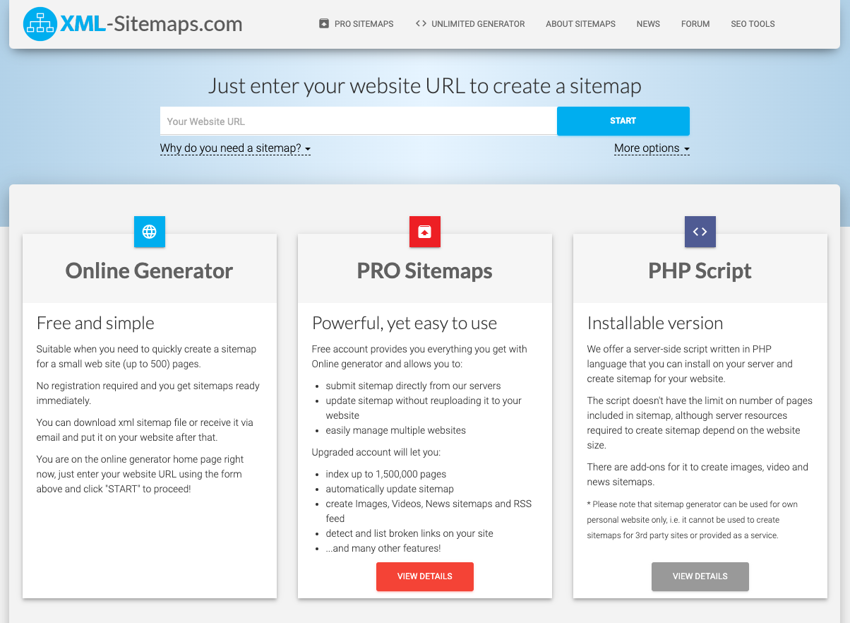 Screenshot des Tools XML-Sitemaps.com zur Erstellung von XML-Sitemaps für Websites