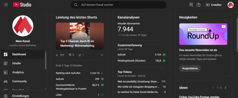 Screenshot des morefire YouTube Dashboards