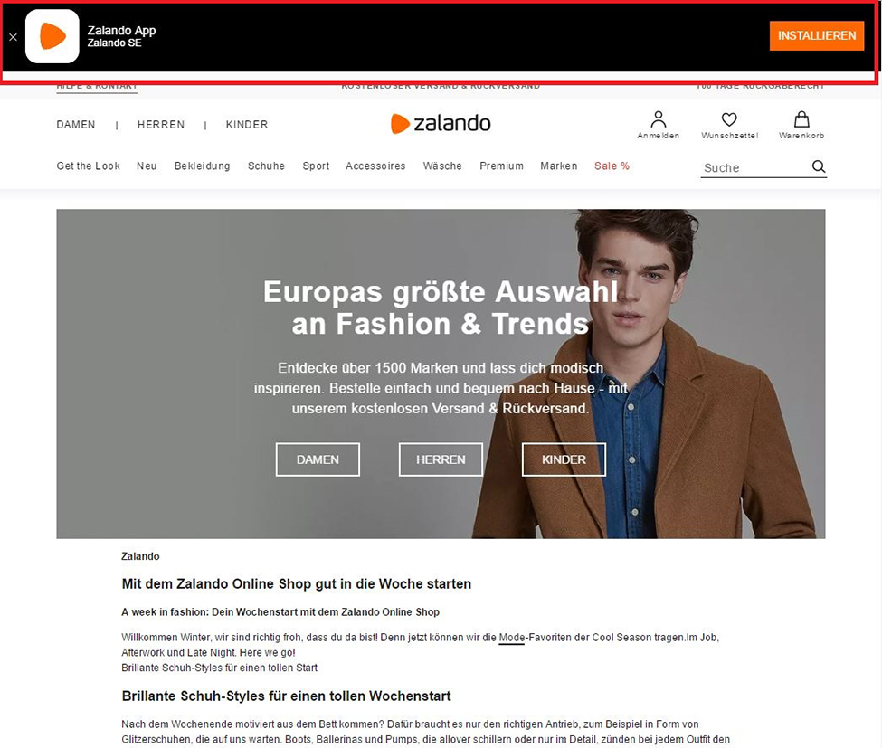 App-Banner auf Zalando.de (Desktop)