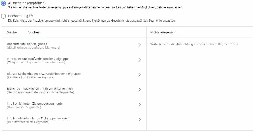 Google Ads Platzierungsoptionen mit Ausrichtungs- und Beobachtungsmodus